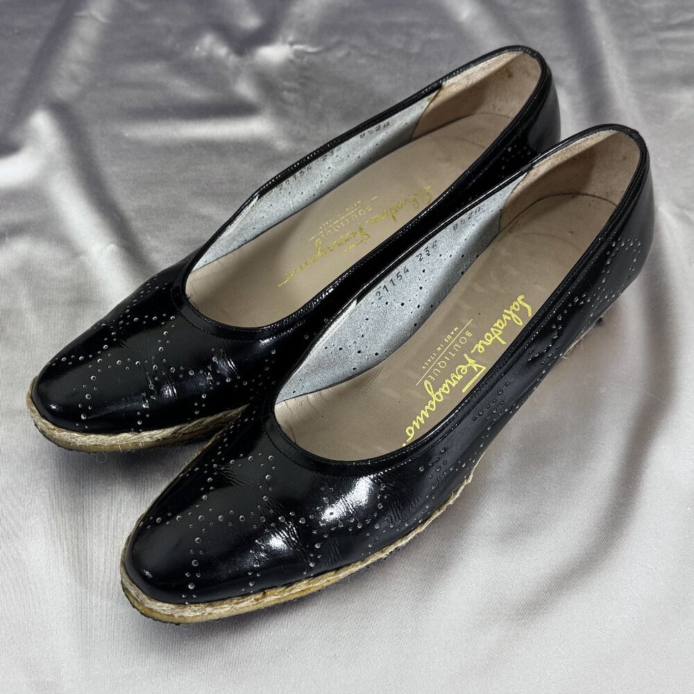 Salvatore Ferragamo Black Leather Wedge Jute Heel Size 8.5AA